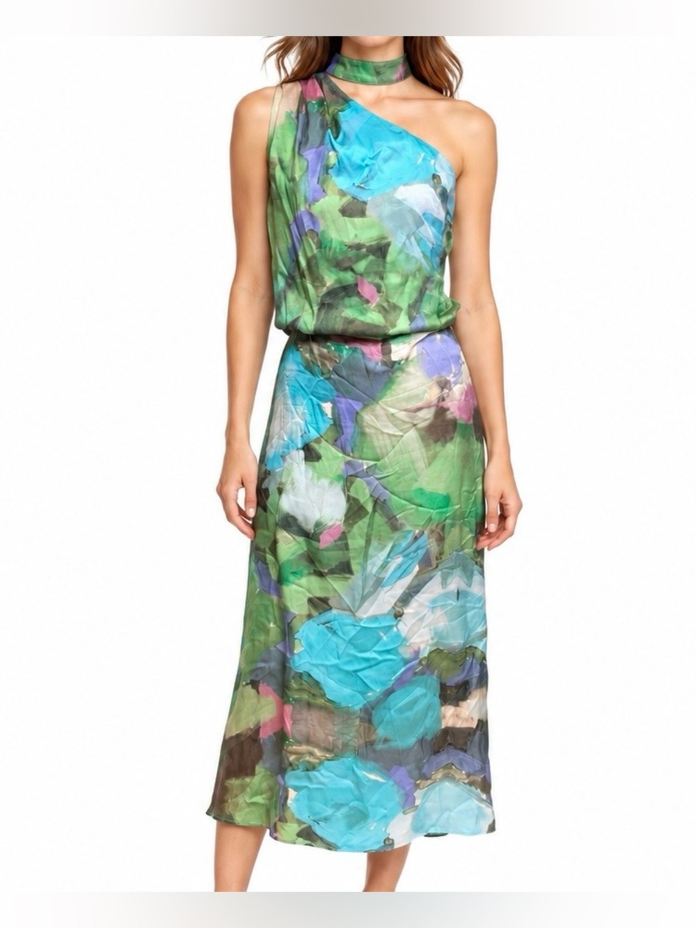 LAAGAM Daphne Green Blue Watercolor One Shoulder Choker Midi Dress Size Small
